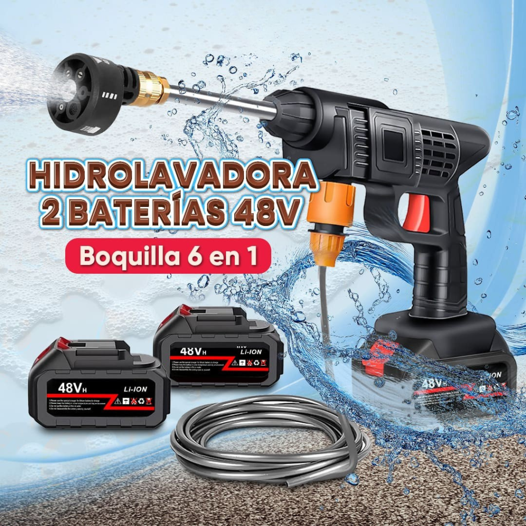 🔥Hidrolavadora - 6 BOQUILLAS 48V 2 BATERÍAS🔥Lava tu moto, tu carro y más sin cables y sin gastar de más